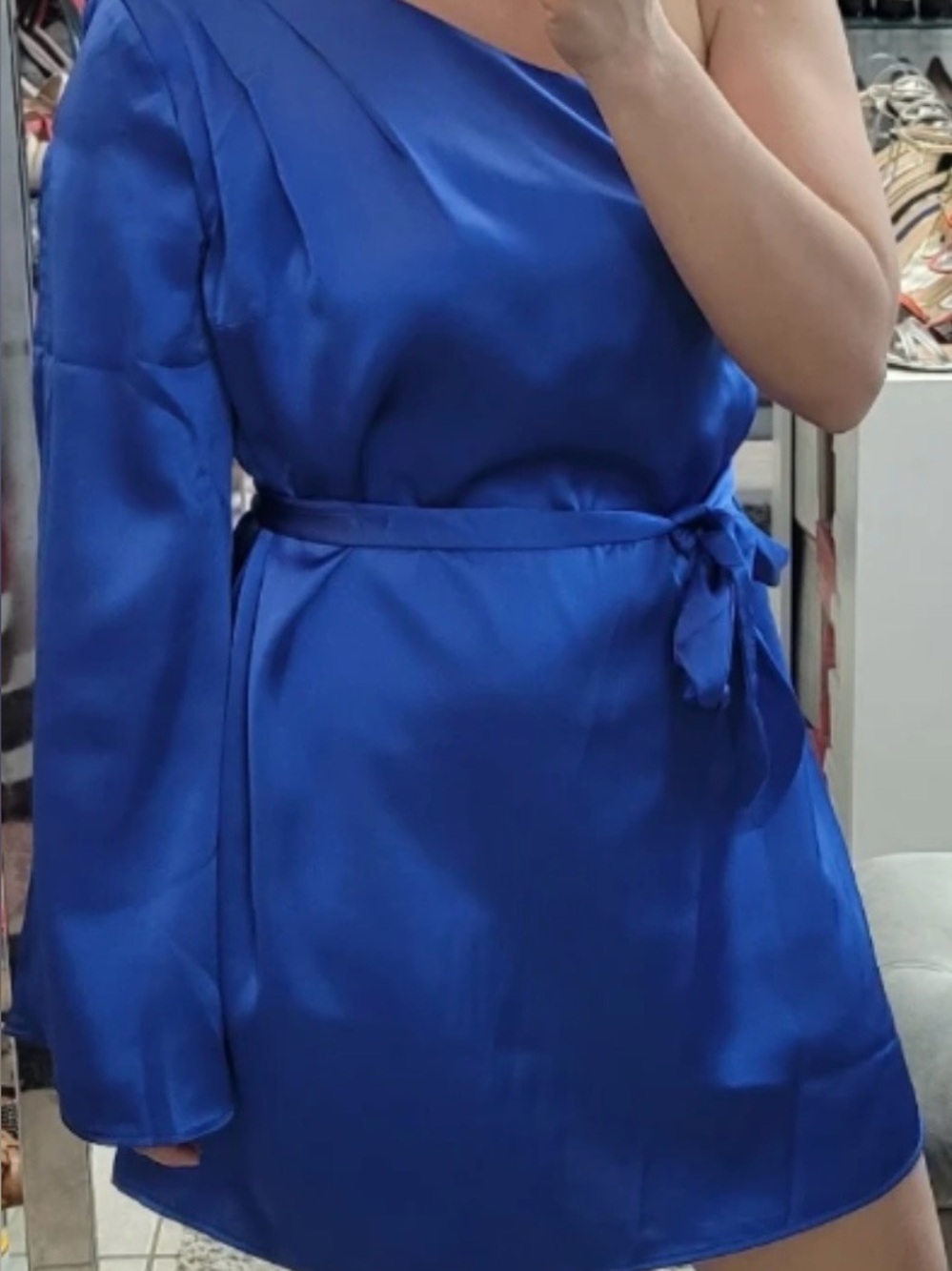 glam One-Shoulder Royal Blue Satin Midi Dress